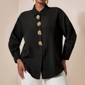 Auvina Plus Size Black Shirt with Metal Decor Buttons